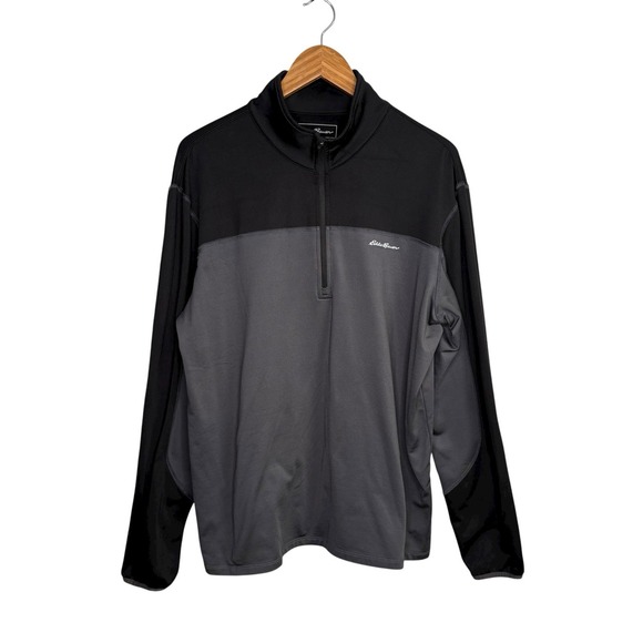 Eddie Bauer Men Pullover Sweater Large Black Gray 1/4 Zip Collar Active Freeheat - Picture 1 of 10
